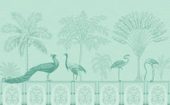Tapet Zen Oriental cu pauni si pasari orientale intr-un fundal verde - GREEN MUGHAL