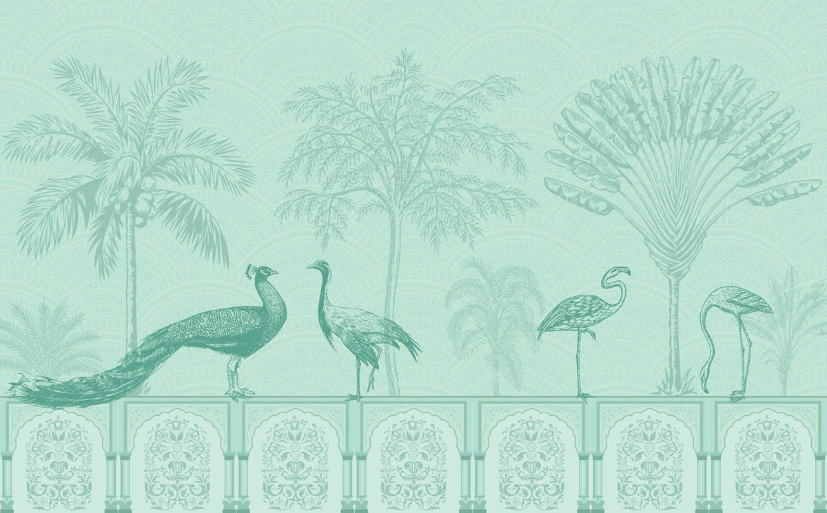 Tapet Zen Oriental cu pauni si pasari orientale intr-un fundal verde - GREEN MUGHAL