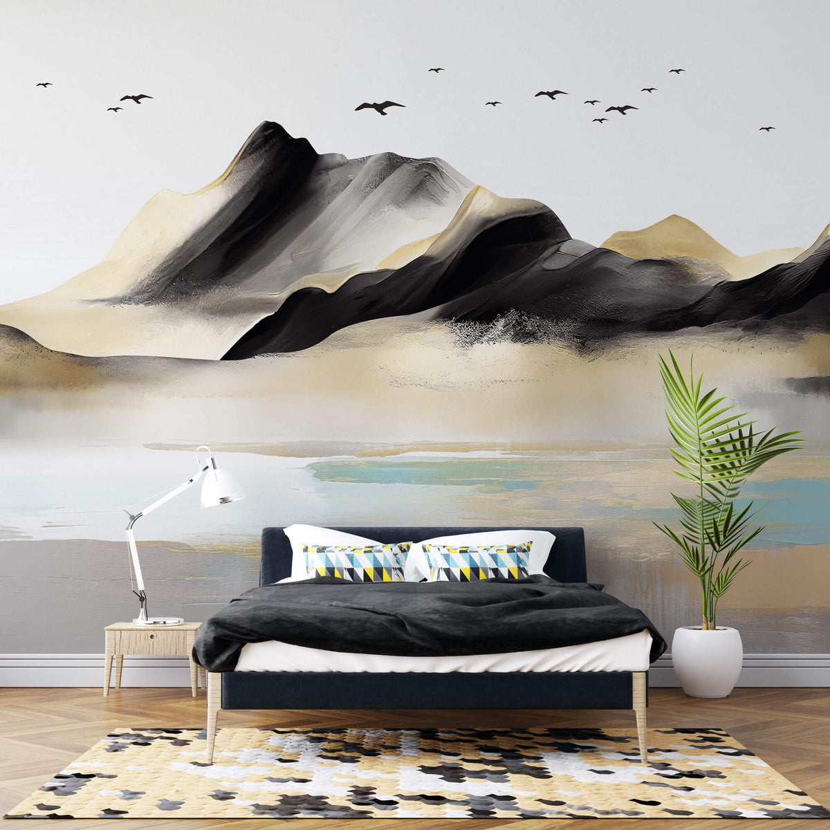 Tapet Zen Oriental cu munti pictati si pasari in stil acrilic - GOLDEN BLACK MOUNTAIN