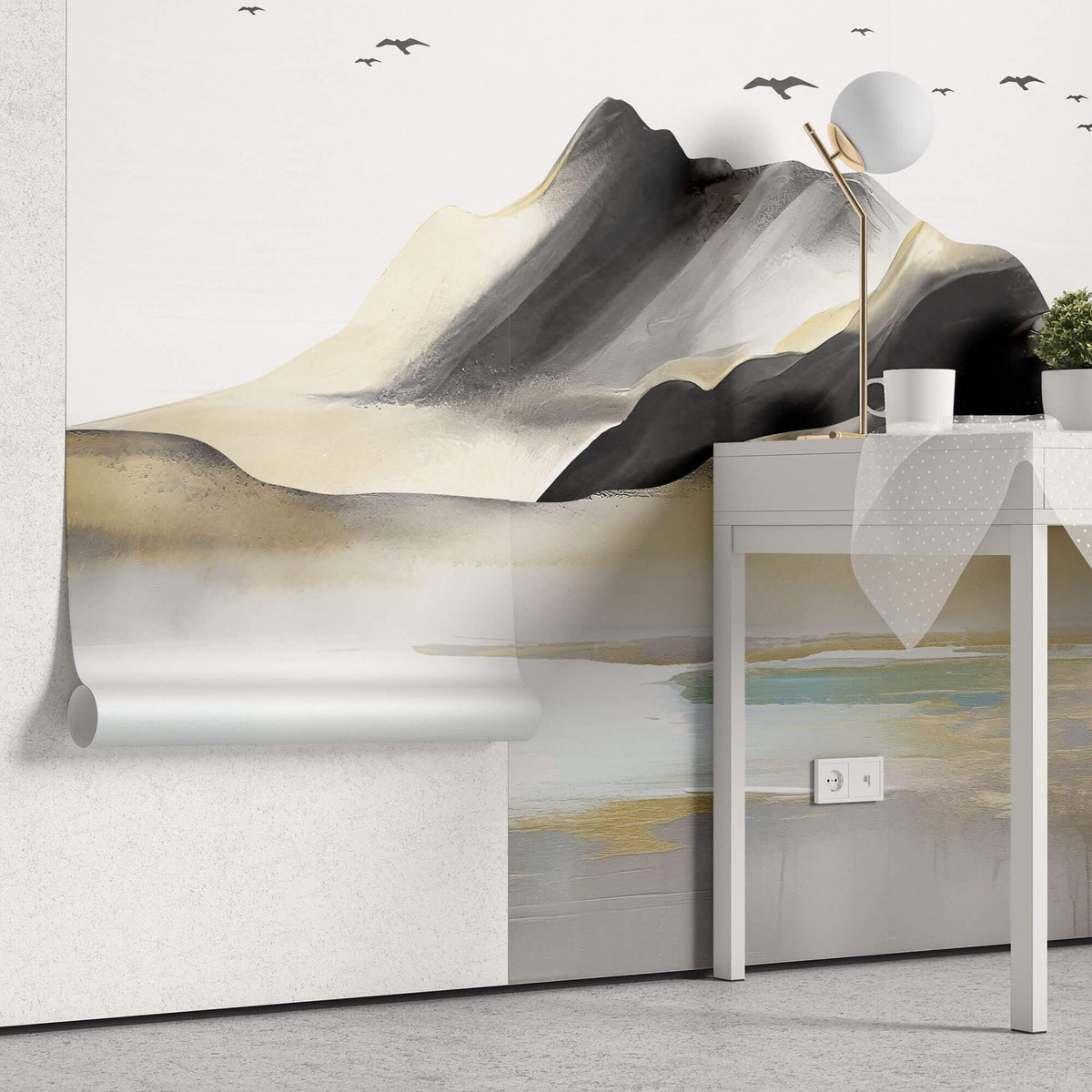 Tapet Zen Oriental cu munti pictati si pasari in stil acrilic - GOLDEN BLACK MOUNTAIN