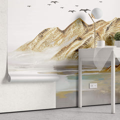 Tapet Zen Oriental cu munti cu textura aurita si pasari in zbor - COPPER ACRYLIC PEAKS