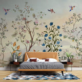 Tapet Zen Oriental cu gradina inflorita si pasari in zbor - SPRING MELODY