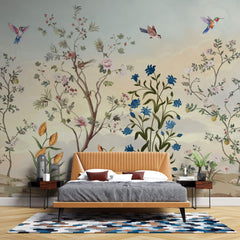 Tapet Zen Oriental cu gradina inflorita si pasari in zbor - SPRING MELODY