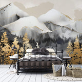 Tapet Zen Oriental cu munti gri si copaci aurii - GOLD LINED MOUNTAINS