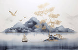 Tapet Zen Oriental cu munti si lac calm - GOLDEN TRANQUILITY