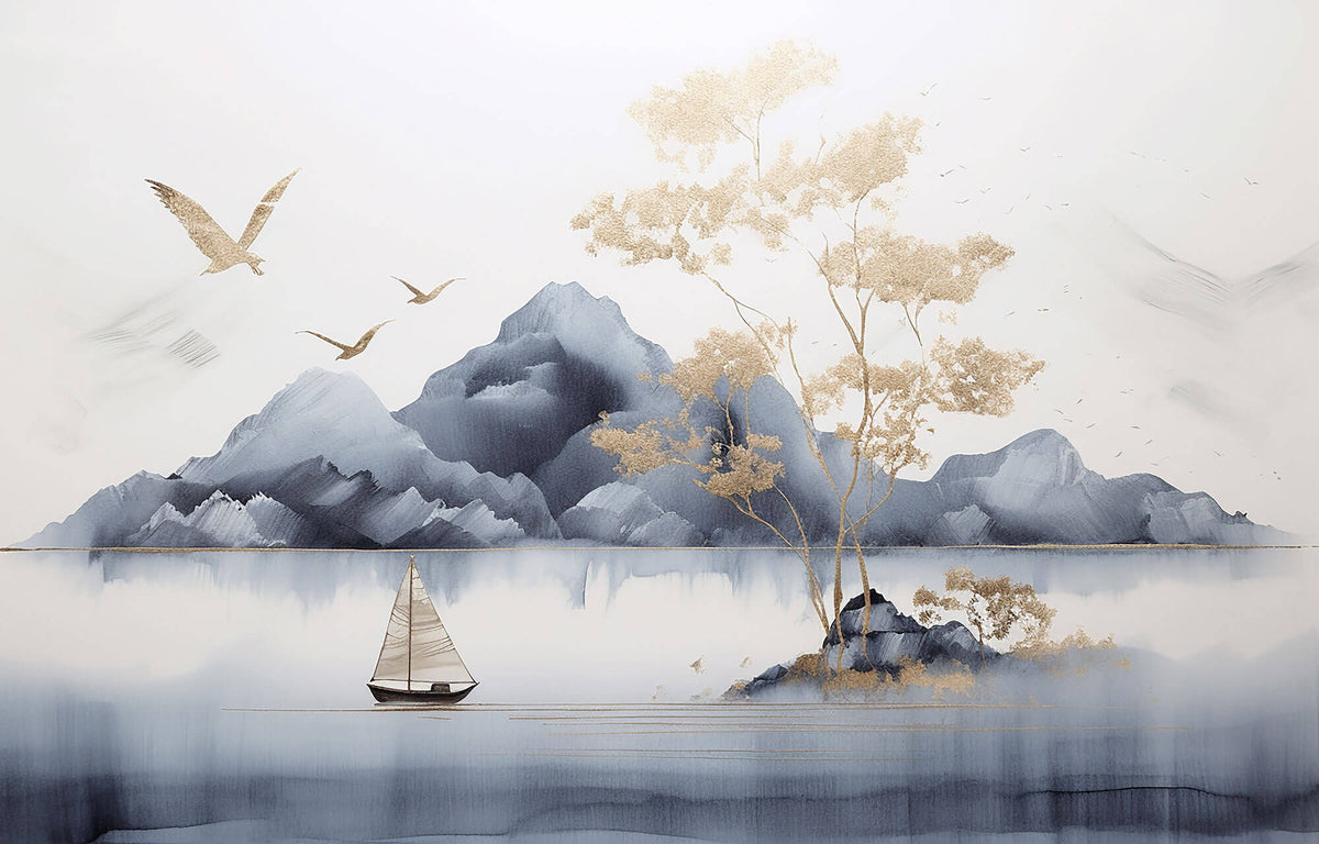 Tapet Zen Oriental cu munti si lac calm - GOLDEN TRANQUILITY