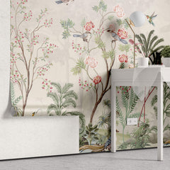 Tapet Zen Oriental cu gradina inflorita in stil chinoiserie cu pasari exotice - CHINOISERIE JUNGLE