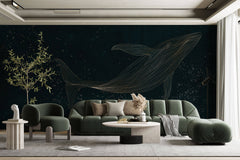 Tapet Zen Oriental cu balena asiatica intr-o ilustratie abstracta - ASIAN NIGHT WHALE
