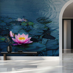 Fototapet Zen Oriental cu floare de lotus roz aflata in ploaie - RAINY PINK LOTUS