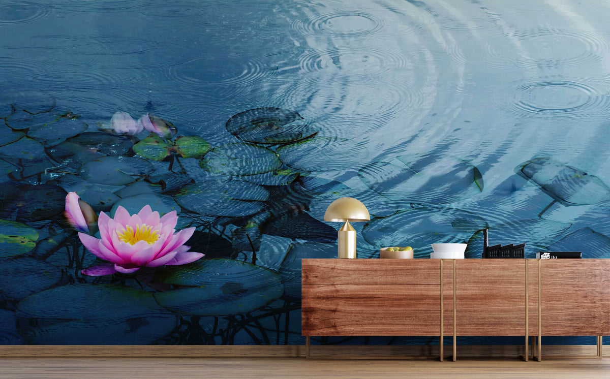 Fototapet Zen Oriental cu floare de lotus roz aflata in ploaie - RAINY PINK LOTUS