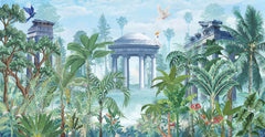 Tapet Zen Oriental cu ruine de piatra si vegetatie cu pasari exotice - BLUE MUGHAL PAVILION