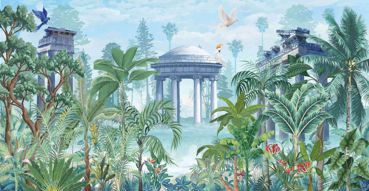 Tapet Zen Oriental cu ruine de piatra si vegetatie cu pasari exotice - BLUE MUGHAL PAVILION