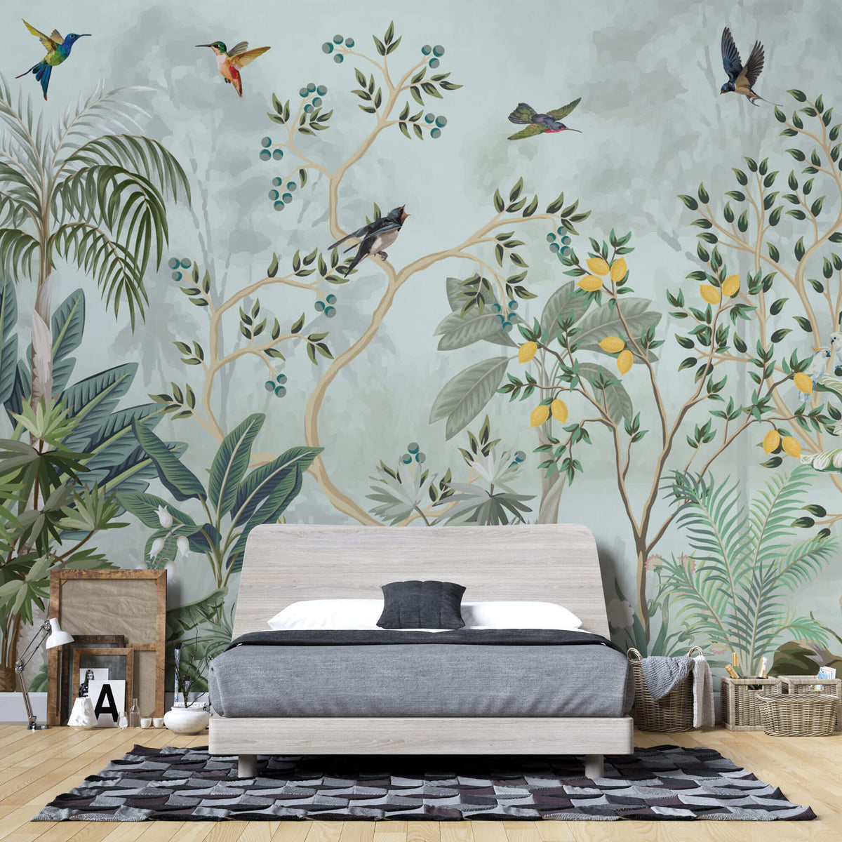 Tapet Zen Oriental cu gradina cu pomi fructiferi si pasari - LEMON CHINOISERIE JUNGLE