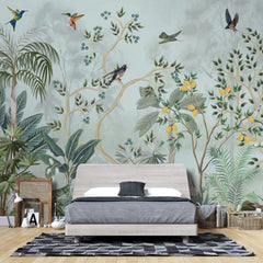 Tapet Zen Oriental cu gradina cu pomi fructiferi si pasari - LEMON CHINOISERIE JUNGLE