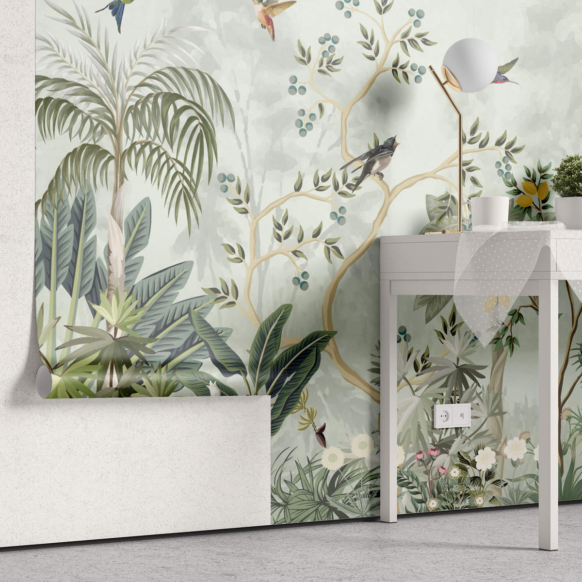 Tapet Zen Oriental cu gradina cu pomi fructiferi si pasari - LEMON CHINOISERIE JUNGLE