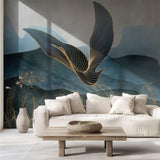 Tapet Zen Oriental cu egrete ilustrate in stil abstract pe un fundal in nuante de albastru - GOLDEN LINE CRANES
