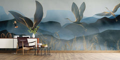 Tapet Zen Oriental cu egrete ilustrate in stil abstract pe un fundal in nuante de albastru - GOLDEN LINE CRANES