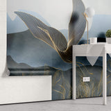 Tapet Zen Oriental cu egrete ilustrate in stil abstract pe un fundal in nuante de albastru - GOLDEN LINE CRANES