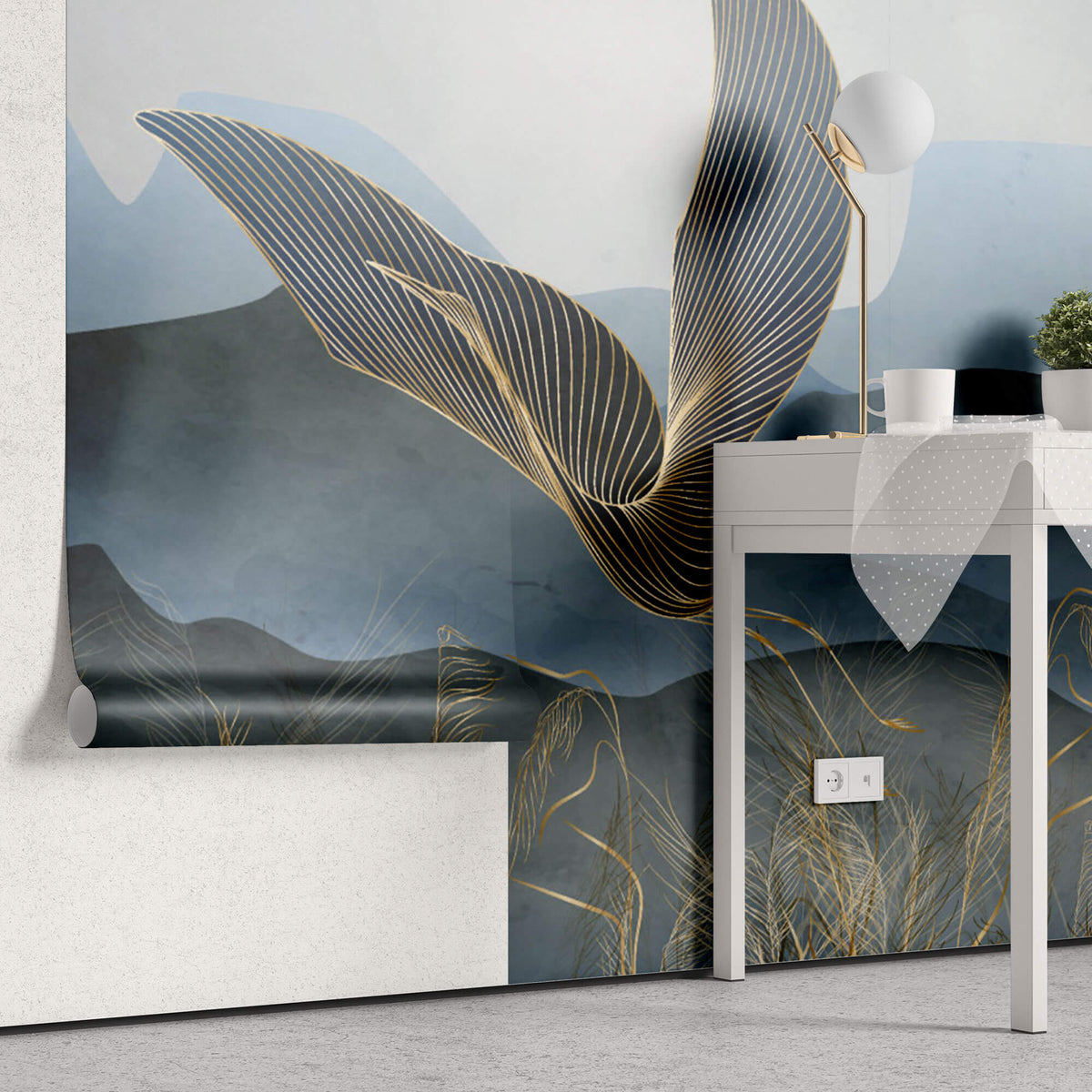 Tapet Zen Oriental cu egrete ilustrate in stil abstract pe un fundal in nuante de albastru - GOLDEN LINE CRANES
