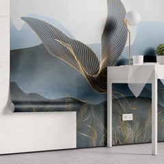 Tapet Zen Oriental cu egrete ilustrate in stil abstract pe un fundal in nuante de albastru - GOLDEN LINE CRANES
