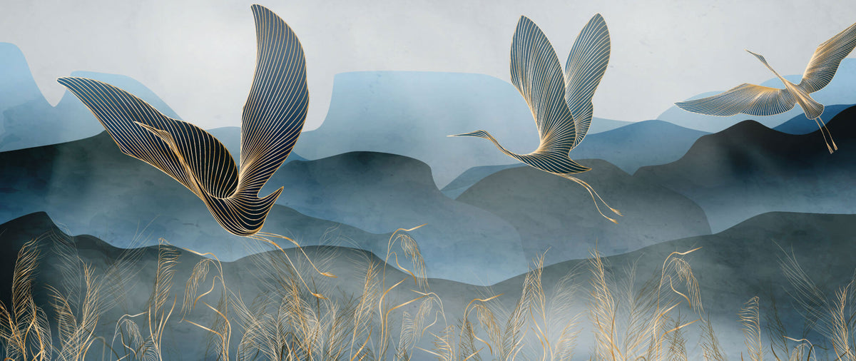 Tapet Zen Oriental cu egrete ilustrate in stil abstract pe un fundal in nuante de albastru - GOLDEN LINE CRANES