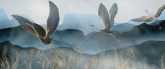 Tapet Zen Oriental cu egrete ilustrate in stil abstract pe un fundal in nuante de albastru - GOLDEN LINE CRANES
