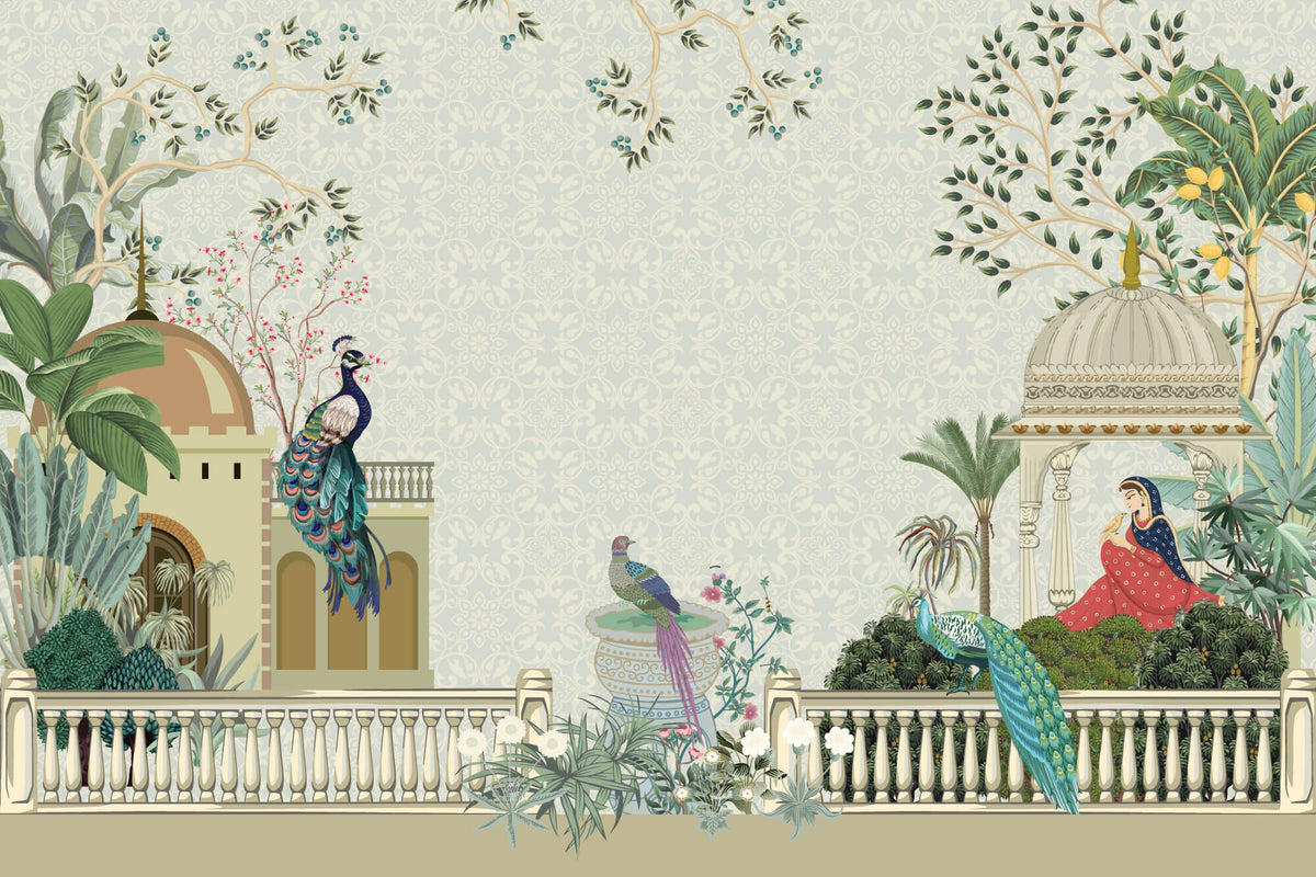 Tapet Zen Oriental cu templu indian cu pauni si fantana de apa - MUGHAL PEACE GARDEN