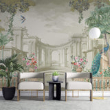 Tapet Zen Oriental cu ruine de piatra pauni si trandafiri infloriti - BLUE PEACOCK RUINS