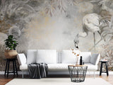 Tapet Zen Oriental cu flamingo albi plante exotice si textura de stucco - STUCCO WHITE FLAMINGO