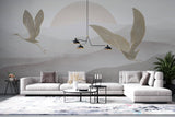 Tapet Zen Oriental cu egrete ilustrate in stil abstract pe un fundal in nuante de gri - HEAVEN CRANES