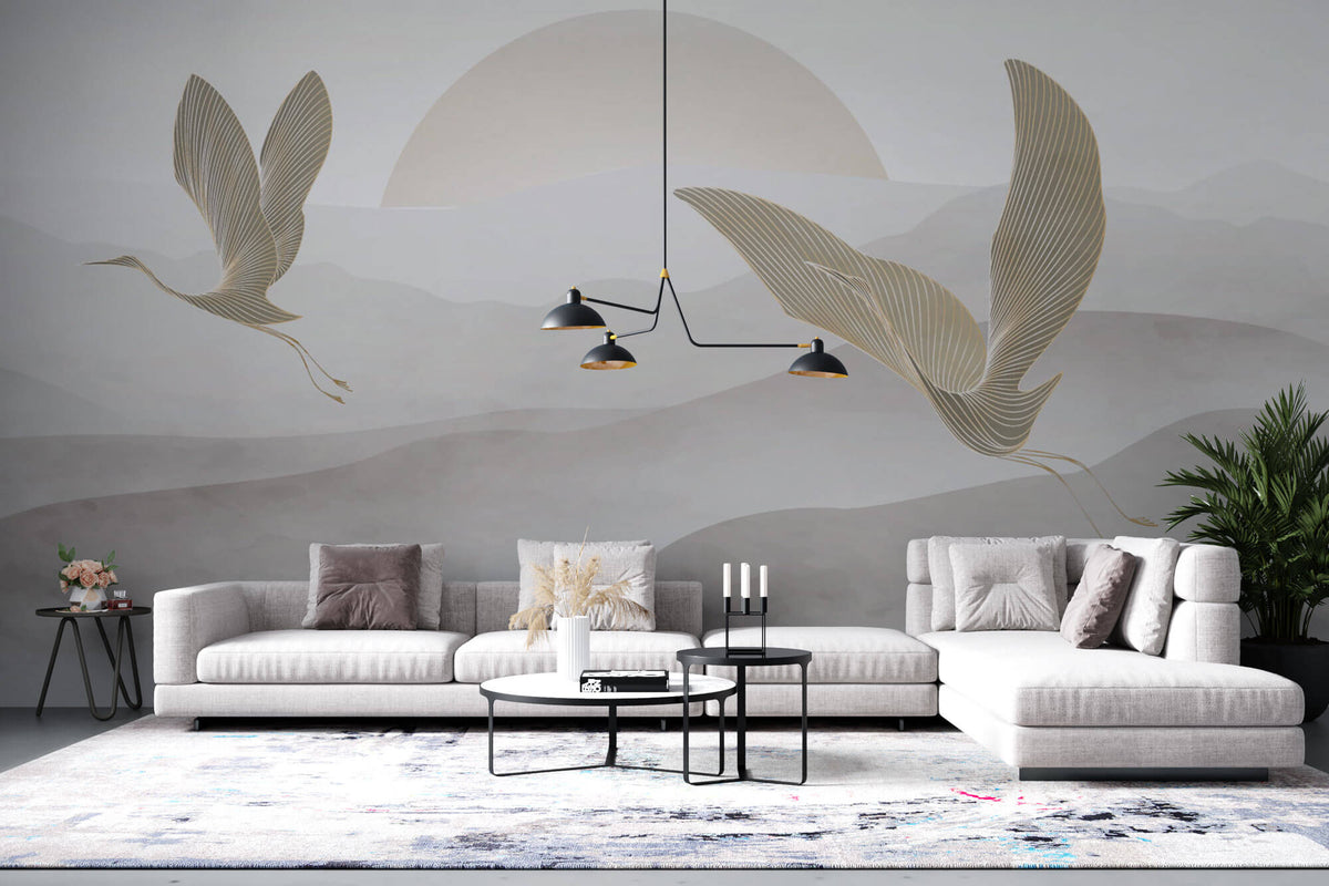 Tapet Zen Oriental cu egrete ilustrate in stil abstract pe un fundal in nuante de gri - HEAVEN CRANES