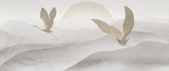 Tapet Zen Oriental cu egrete ilustrate in stil abstract pe un fundal in nuante de gri - HEAVEN CRANES
