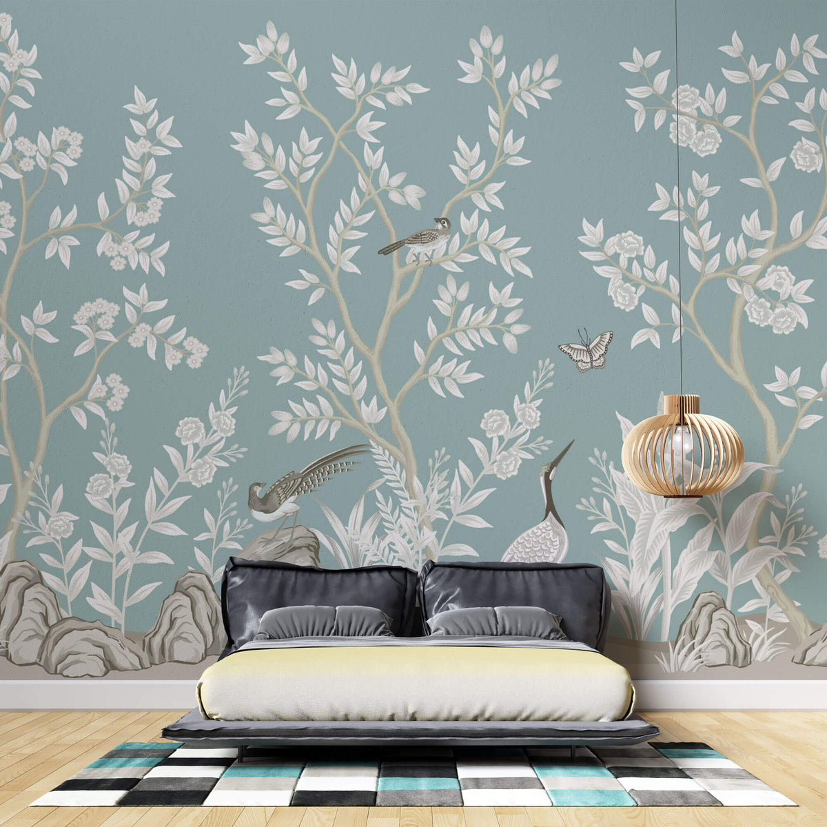 Tapet Zen Oriental cu gradina in stil chinoiserie cu pasari - MINT WHITE CHINOISERIE