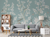 Tapet Zen Oriental cu gradina in stil chinoiserie cu pasari - MINT WHITE CHINOISERIE