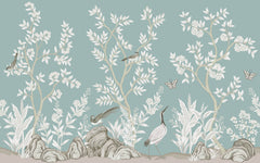 Tapet Zen Oriental cu gradina in stil chinoiserie cu pasari - MINT WHITE CHINOISERIE