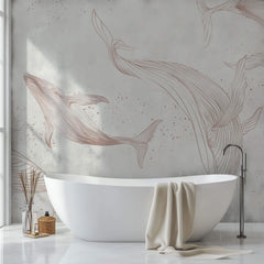 Tapet Zen Oriental cu balena asiatica ilustrata - GENTLE DANCING WHALES