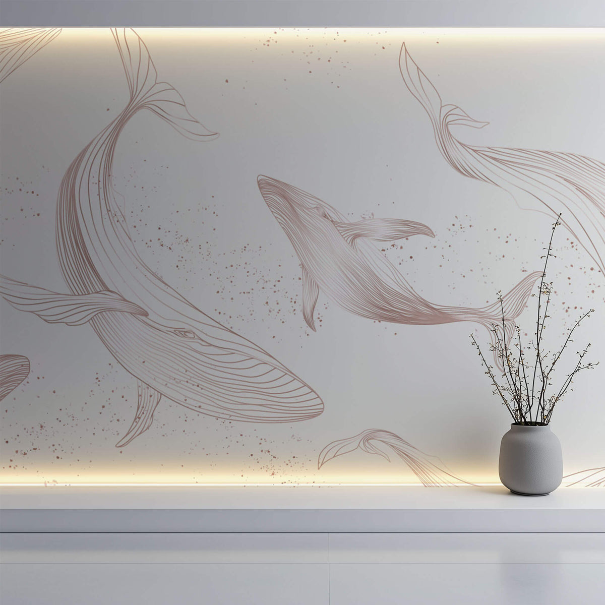 Tapet Zen Oriental cu balena asiatica ilustrata - GENTLE DANCING WHALES
