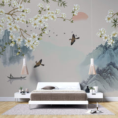 Tapet Zen Oriental cu peisaj asiatic montan cu magnolie alba inflorita si pasari - MAGNOLIA MOUNTAIN SERENITY
