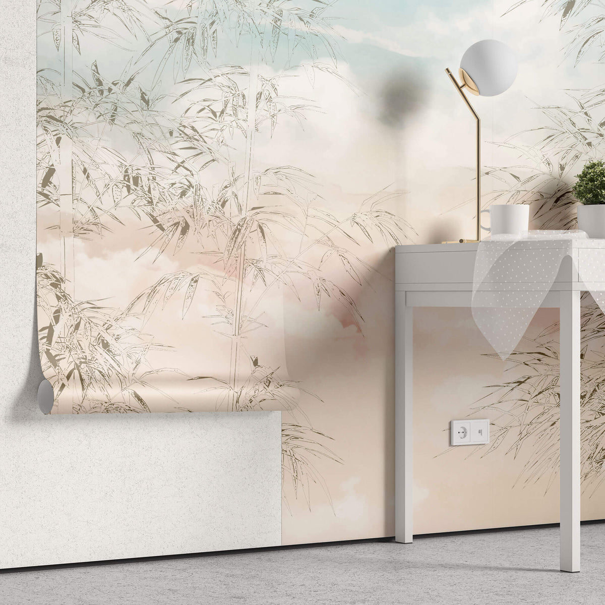 Tapet Zen Oriental cu bambusi abstracti pe un fundal rozaliu - PASTEL BAMBOO