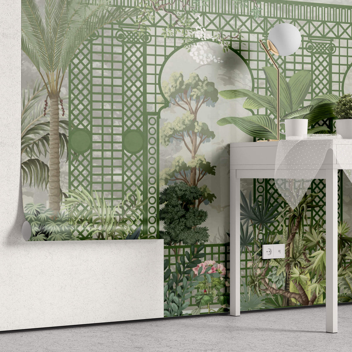 Tapet Zen Oriental cu spalier verde oriental vegetatie si pauni - THE ROYAL TRELLIS