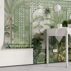 Tapet Zen Oriental cu spalier verde oriental vegetatie si pauni - THE ROYAL TRELLIS