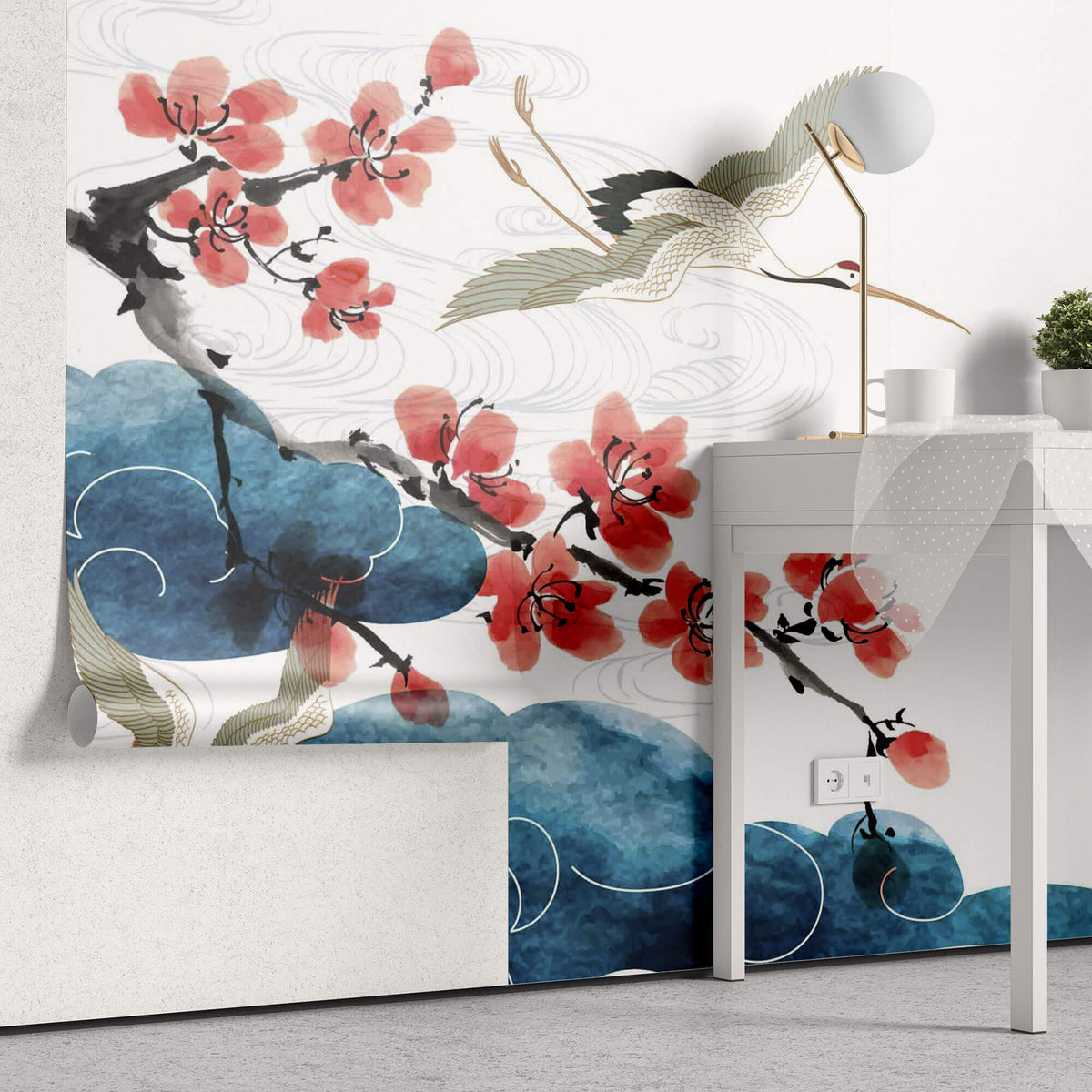 Tapet Japandi cu nori egrete si ciresi infloriti ilustrate in stil japonez - SAKURA CLOUDS