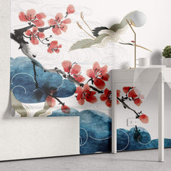 Tapet Japandi cu nori egrete si ciresi infloriti ilustrate in stil japonez - SAKURA CLOUDS