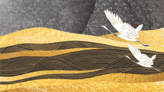 Tapet Japandi cu peisaj abstract cu egrete in zbor in nuante de negru si auriu si motive seigaiha - GOLDEN CHARCOAL CRANES