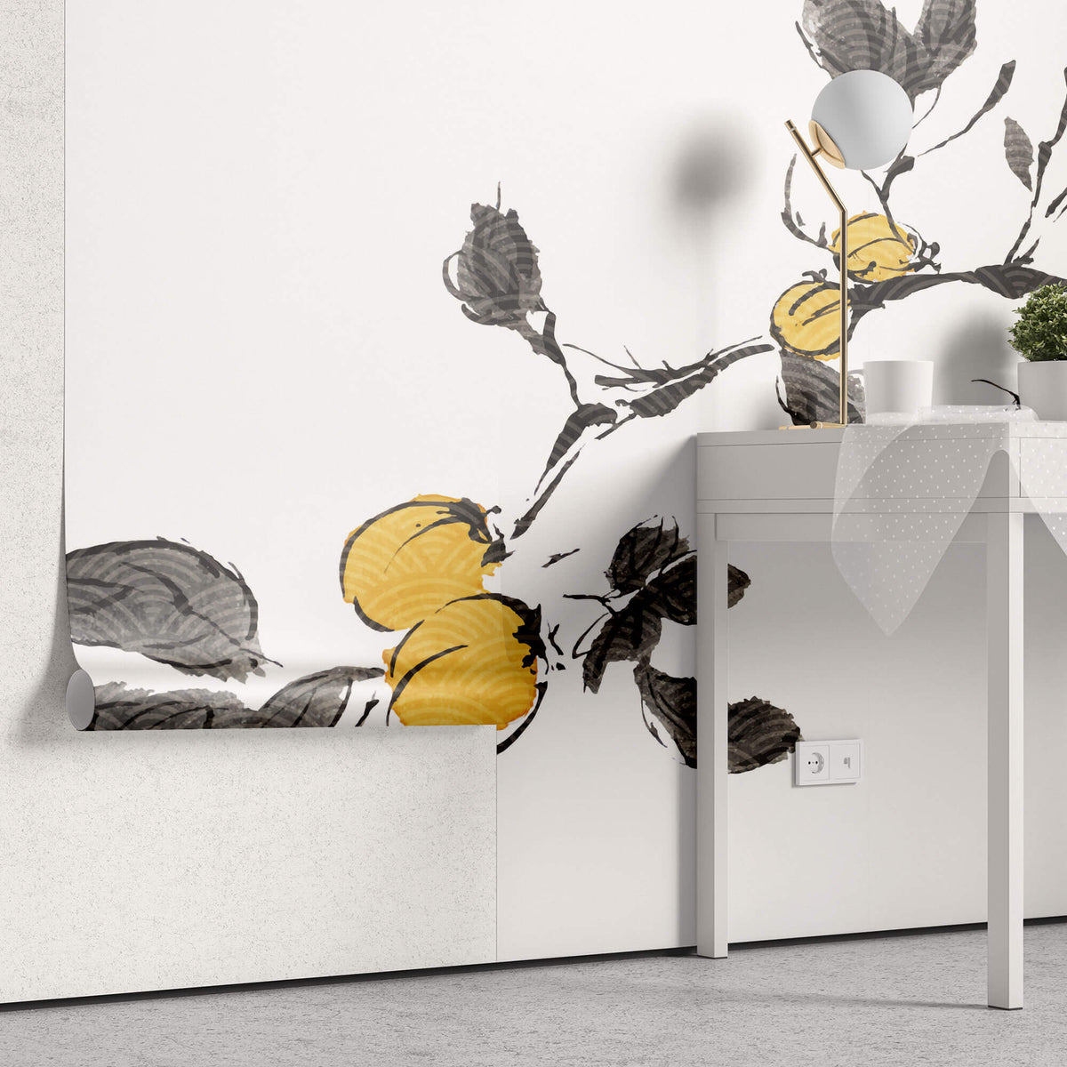 Tapet Japandi cu creanga de cais intr-o textura cu motive seigaiha japoneze - UME BRANCH