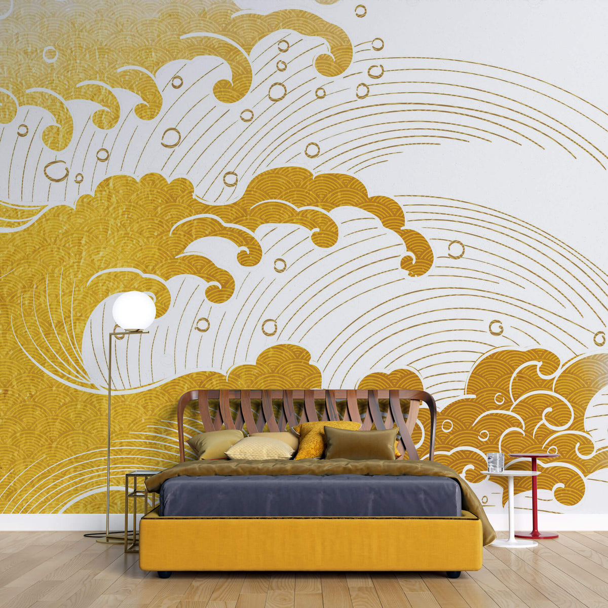 Tapet Japandi cu valuri aurii ilustrate in stil japonez cu motive seigaiha - GOLDEN TEXTURE WAVES
