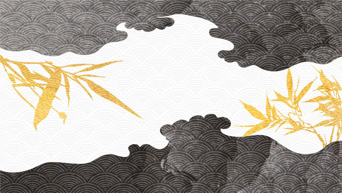 Tapet Japandi cu ilustratie abstracta in stil japonez cu motive seigaiha in nuante alb negru si bambusi aurii - BLACK CLOUD BAMBOO