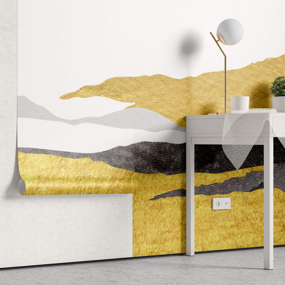 Tapet Japandi cu munti abstracti texturati cu motive japoneze in nuante aurii si negre - ZENITH OF GOLD