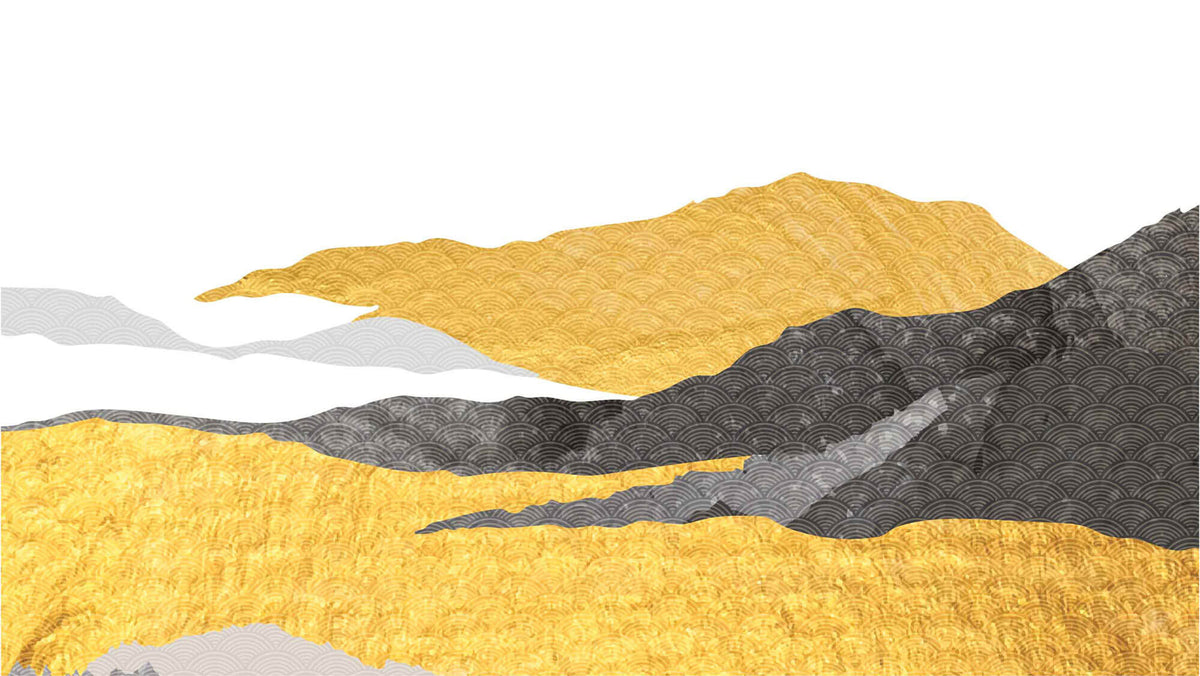 Tapet Japandi cu munti abstracti texturati cu motive japoneze in nuante aurii si negre - ZENITH OF GOLD