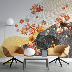 Tapet Japandi cu peisaj abstract japonez cu frunze de artar japonez - MAPLE JAPANESE WIND